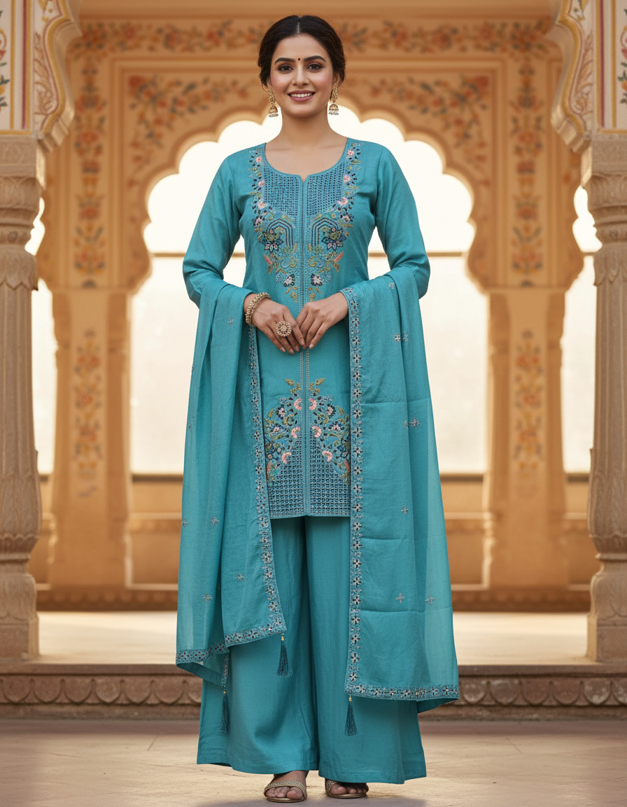 Kurtivilla Women Premium Embroidered Palazzo Set – Sky Blue Mirror Work Kurti with Dupatta | Festive Collection