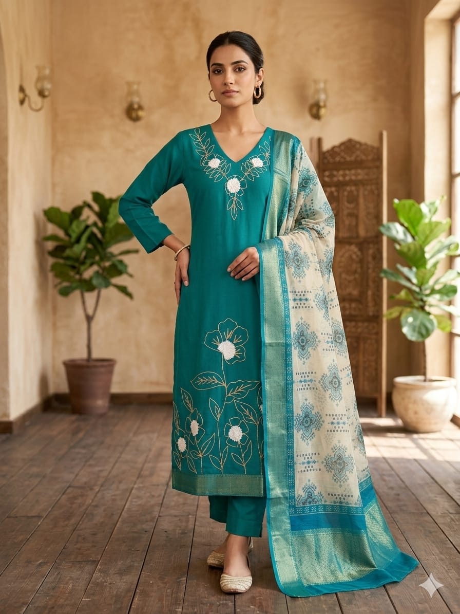 Office wear plazo set with dupatta roman silk fabric