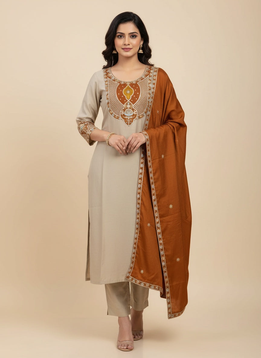 Ethnic Wear Women suit dress with dupatta with work on sleeves