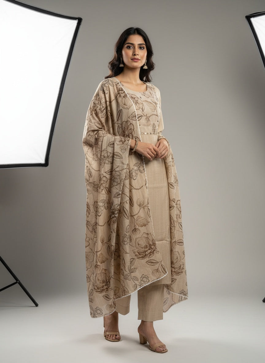 Full sleeve dress work on neck vertical fabric