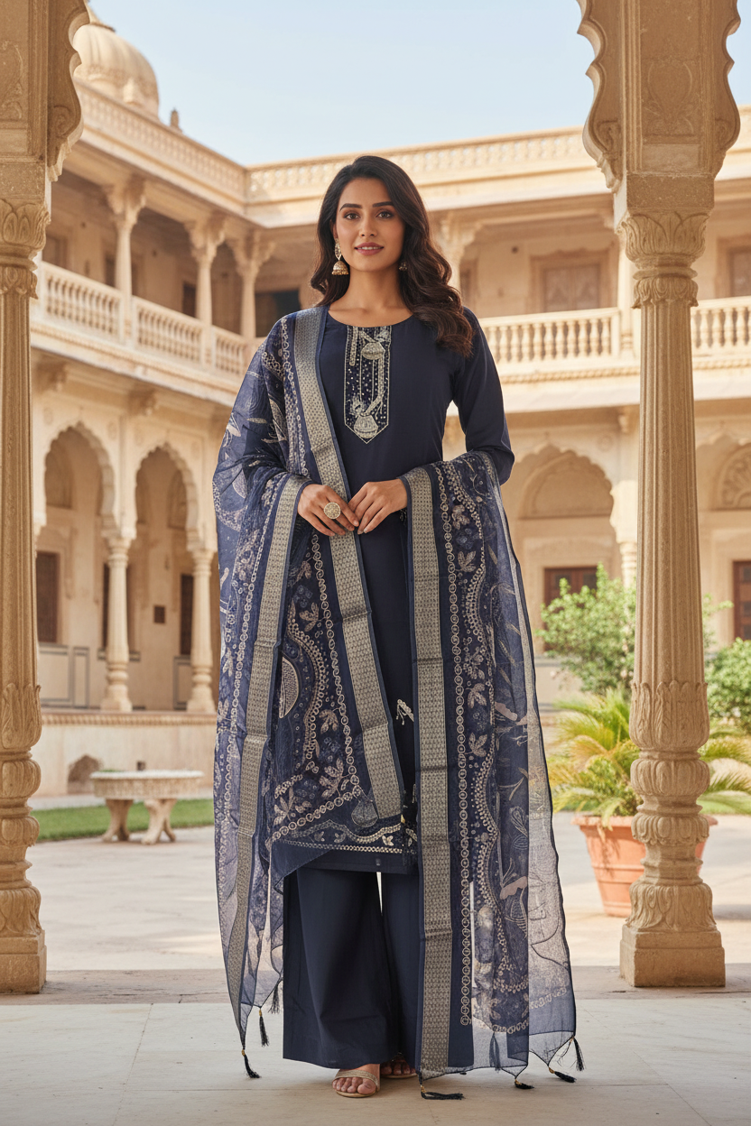 Navy Blue Lucknowi Suit - Indian Model Photoshoot