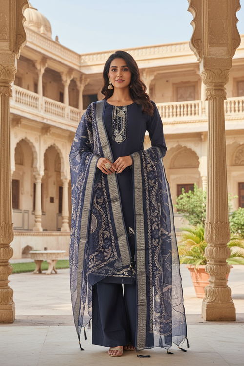 Navy Blue Lucknowi Suit - Indian Model Photoshoot