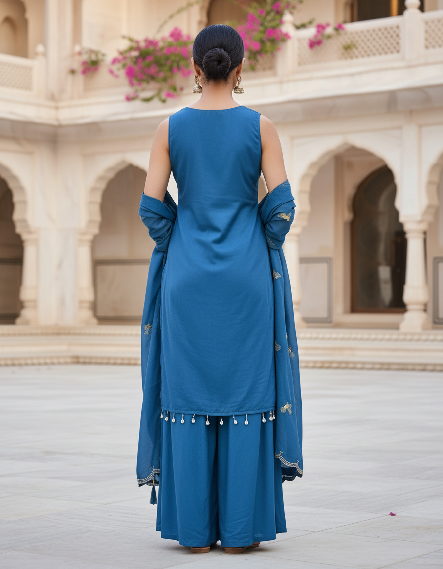 Krishna Peacock Embroidery Teal Blue Suit Set with Cowrie Tassels & Dupatta