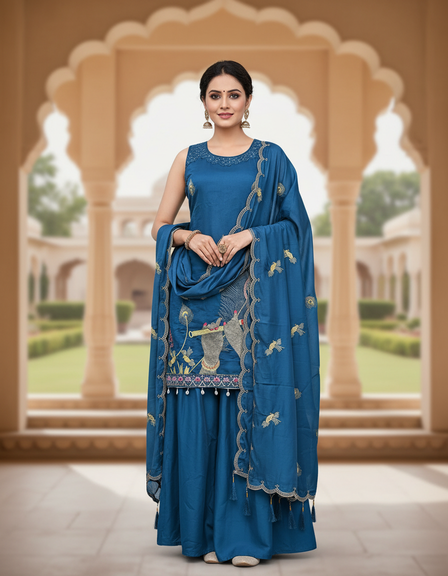 Krishna Peacock Embroidery Teal Blue Suit Set with Cowrie Tassels & Dupatta