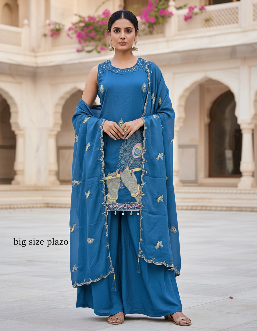 Krishna Peacock Embroidery Teal Blue Suit Set with Cowrie Tassels & Dupatta