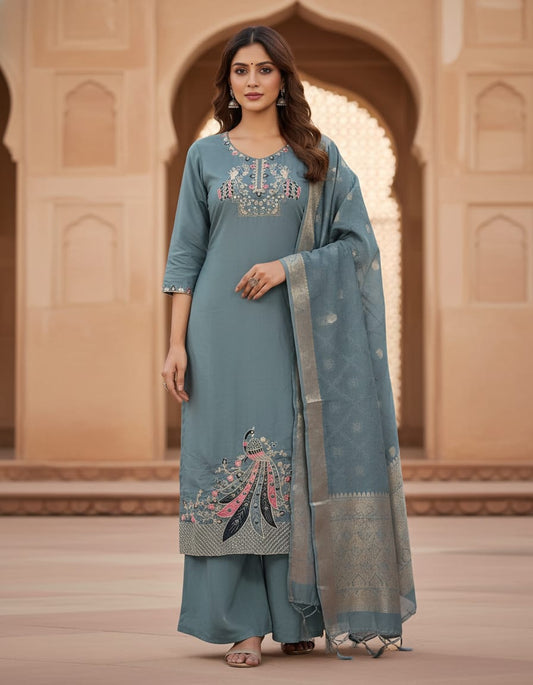 Kurtivilla Women Embroidered Peacock Kurti Set – Festive Wear with Dupatta