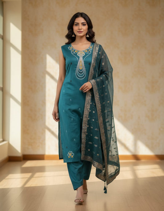 Kurtivilla Women Pure Silk Sleeveless Kurti Set – Teal Blue Embroidered Kurti with Pant & Banarasi Dupatta