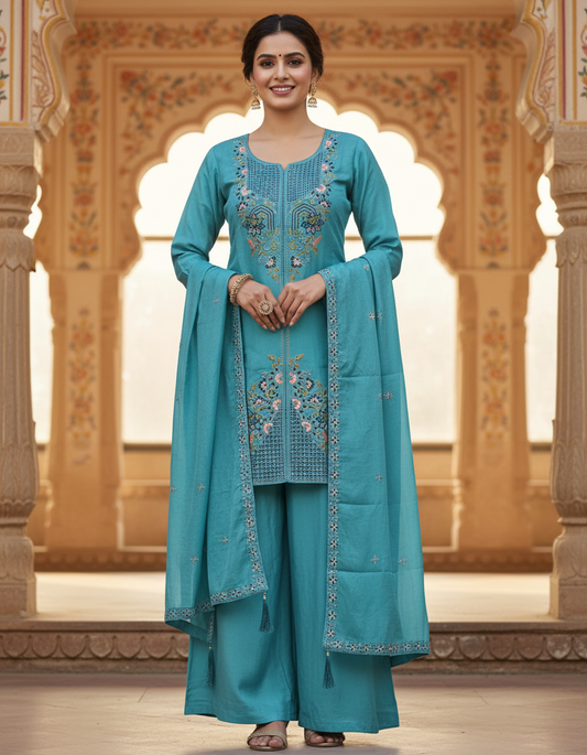Kurtivilla Women Premium Embroidered Palazzo Set – Sky Blue Mirror Work Kurti with Dupatta | Festive Collection