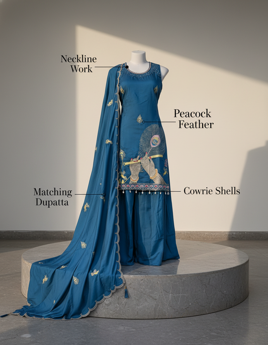 Krishna Peacock Embroidery Teal Blue Suit Set with Cowrie Tassels & Dupatta
