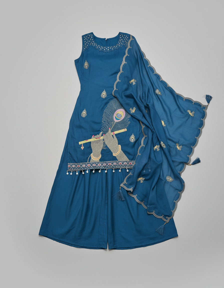 Krishna Peacock Embroidery Teal Blue Suit Set with Cowrie Tassels & Dupatta