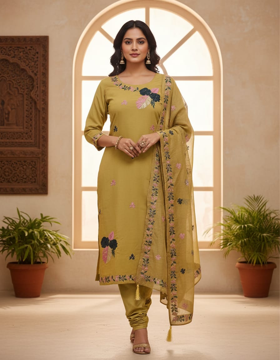 Kurtivilla Women Floral Embroidered Kurti Set – Mehndi Green Straight Kurti  & Dupatta