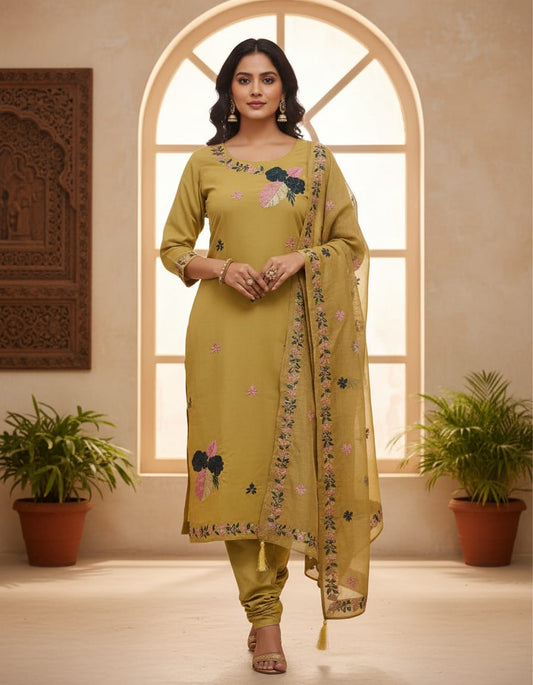 Kurtivilla Women Floral Embroidered Kurti Set – Mehndi Green Straight Kurti  & Dupatta